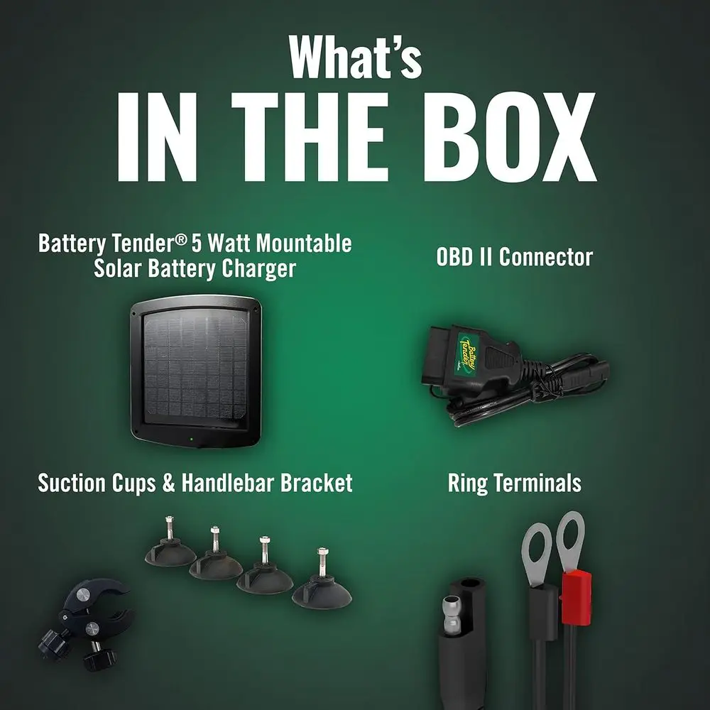 5 Watt Solar Panel 12V Battery Charger with Charge Controller - IP67 Weatherproof - Windshield or Handlebar Mountable - Included