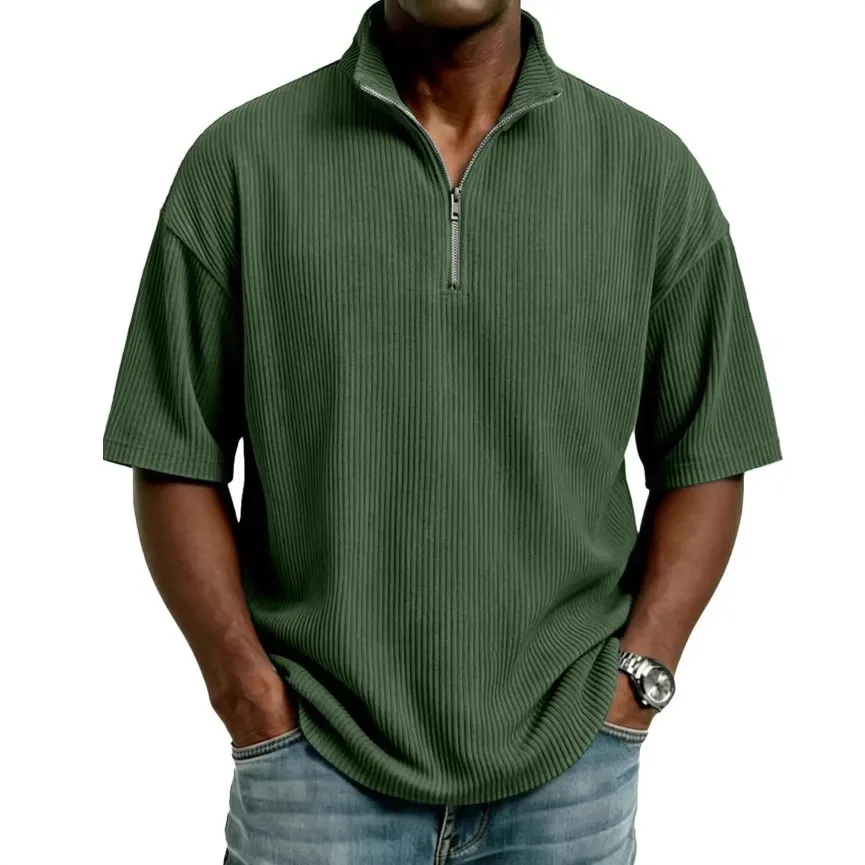 Casual Striped Top Loose Fit Light Mature Casual with Turn Down Collar Wrinkle Finish Pull on Autumn Regular Sleeve Men T Shirt