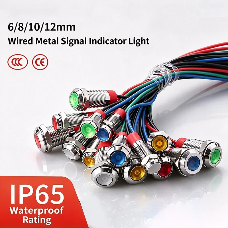 Waterproof IP65 Metal LED Warning Signal Indicator Line Single Piece 6mm/8mm/10mm/12mm Voltage Options 3V/5V/12V/24V/110V/220 Vo