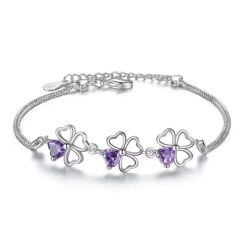 Original design 925 Sterling Silver Purple crystal Lucky Clover Bracelets for women fashion party wedding Jewelry gifts 17CM+4CM