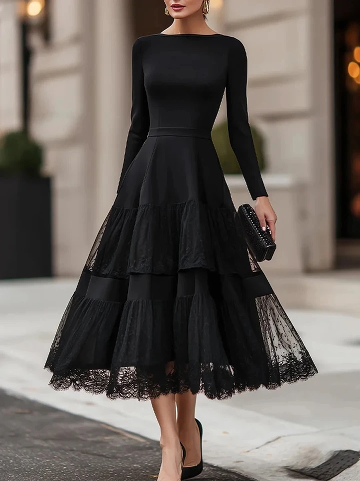 

Spring Summer New High Waist A-line Dress Temperament O-neck Spliced Lace Hem Dress Elegant Women Solid Color Slim Evening Dress
