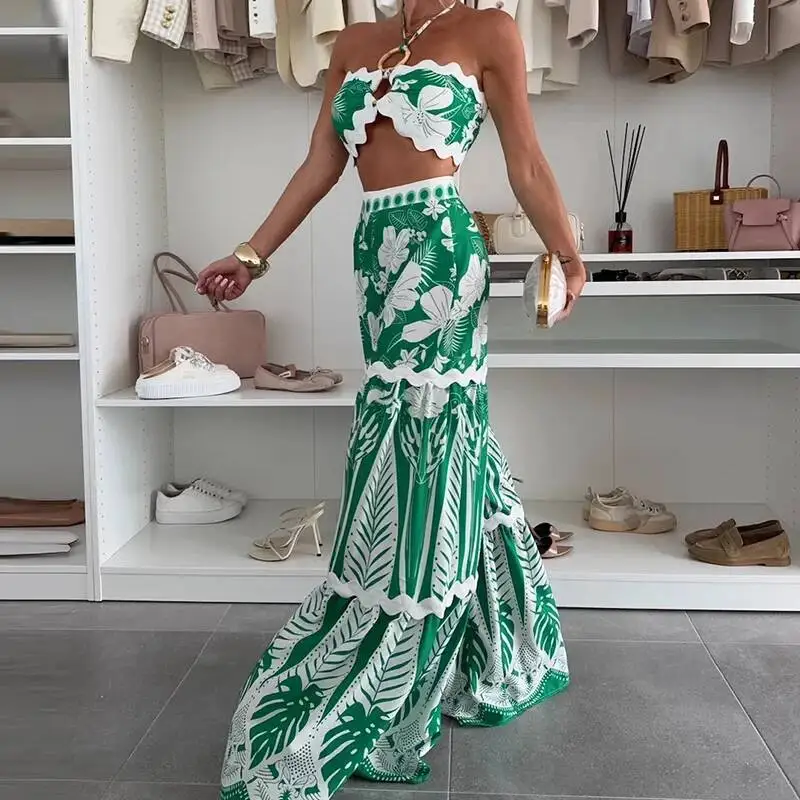 

Fashion High Waisted Set Holiday Beach Tropical Plant Printed 2 Piece Set Casual Sleeveless Halter Vest & Wide Leg Pants Outfits