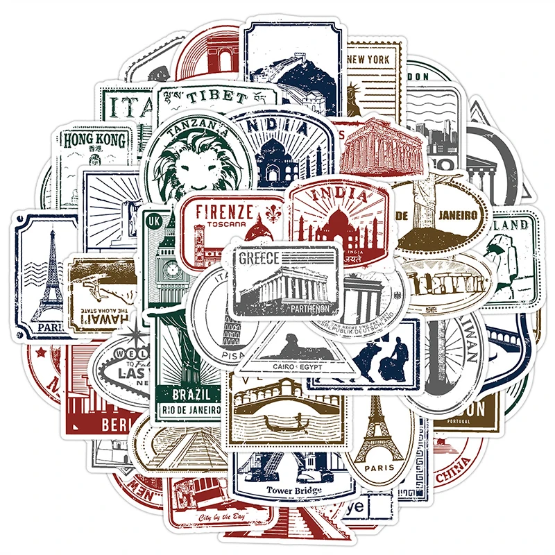 50 قطعة من ملصقات الطوابع العتيقة للسفر مناطق الريف العالمية الشهيرة ملصق معلق ديكور ملصق فينيل مقاوم للماء للأمتعة