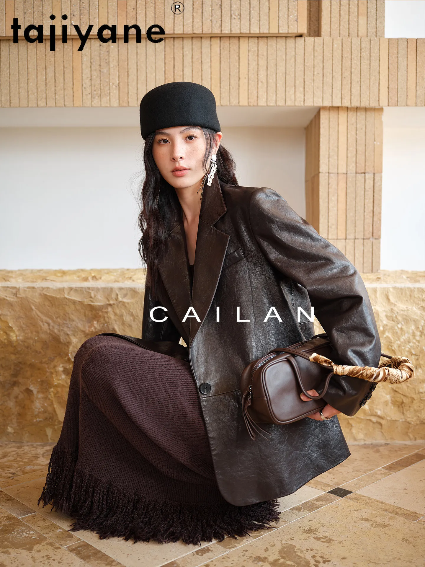 Kurtka damska TAJIYANE z prawdziwej skóry koziej, średniej długości, elegancki płaszcz, wysokiej jakości kurtki ze skóry naturalnej, odzież damska na jesień 2026, nowa kolekcja.