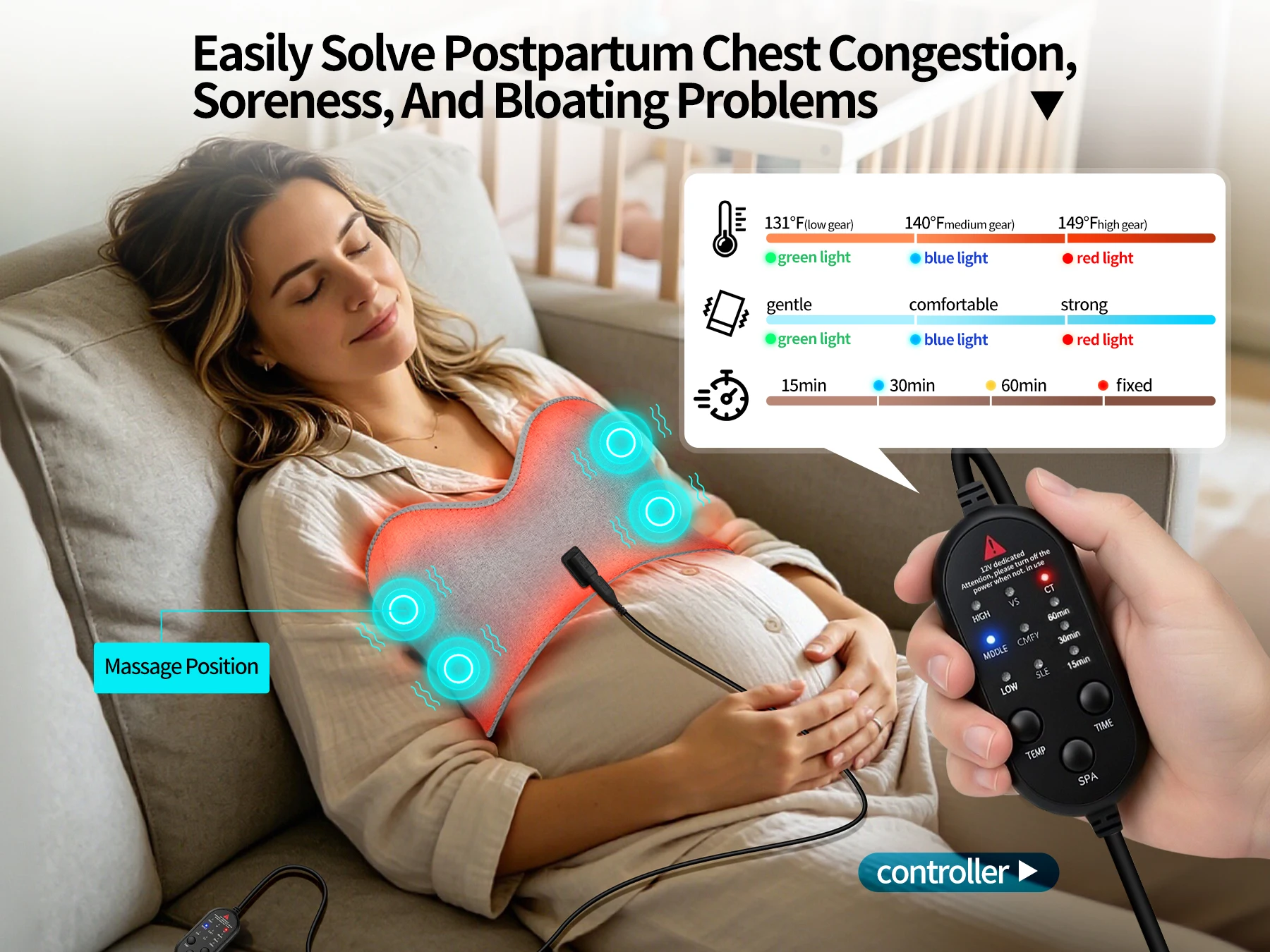 Heating Pad 660Nm Red Light Chest Wrap 111 Led 4 Motors Vibration Massage Relief Pain Chest Relax Postpartum Care for Women