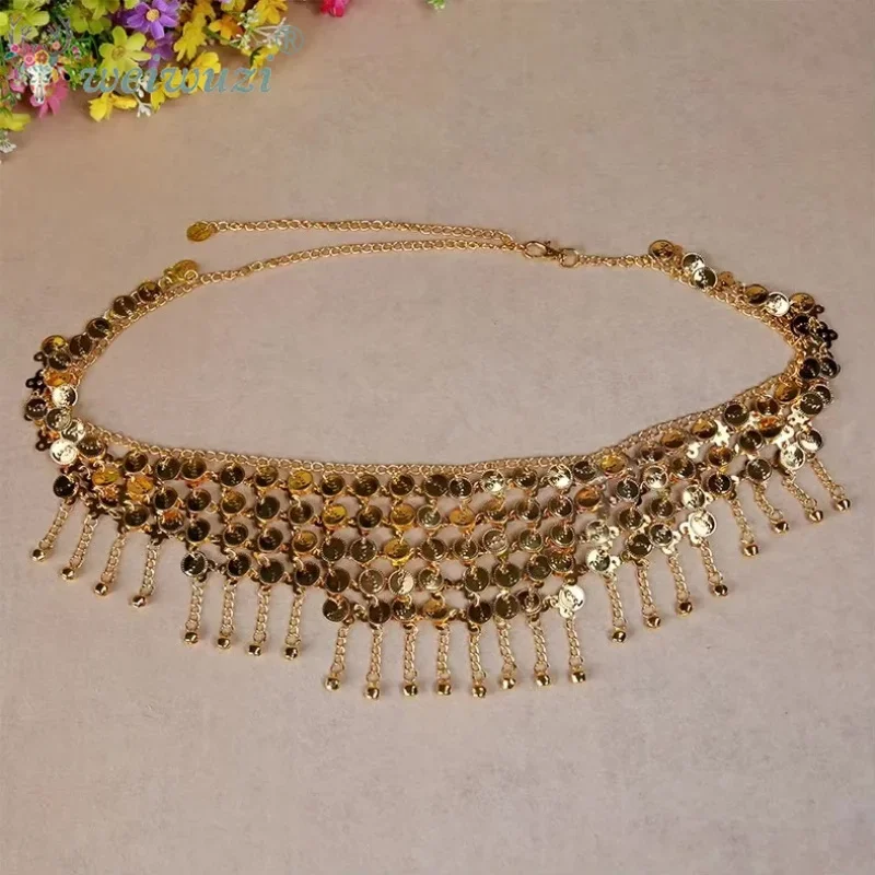 Coins Belt with Bell Belly Dance Hip Scarf Halloween Costume Metal Waist Accessory Adjustable Gold Tone for Adults Hippie Boho