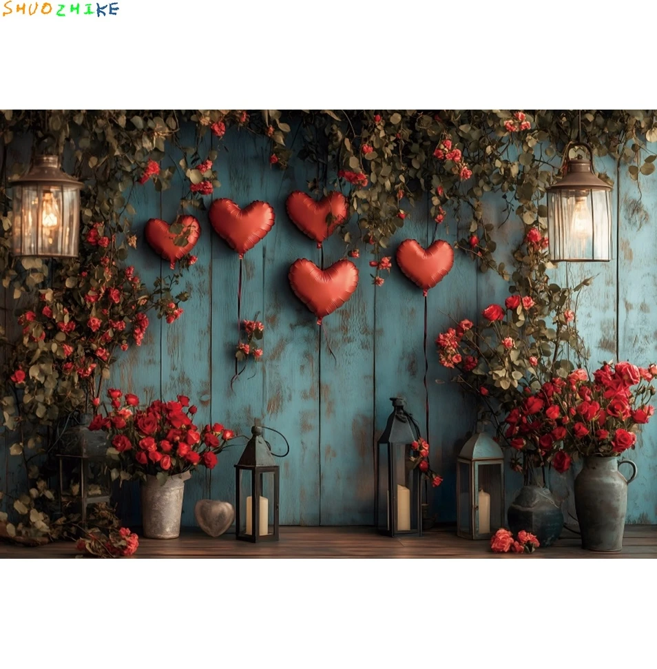 14 فبراير عيد الحب خلفية مشاهد رومانسية الأحمر الحب القلب الأزرق الخشب جدار الأزهار الزفاف التصوير خلفية الدعامة #4