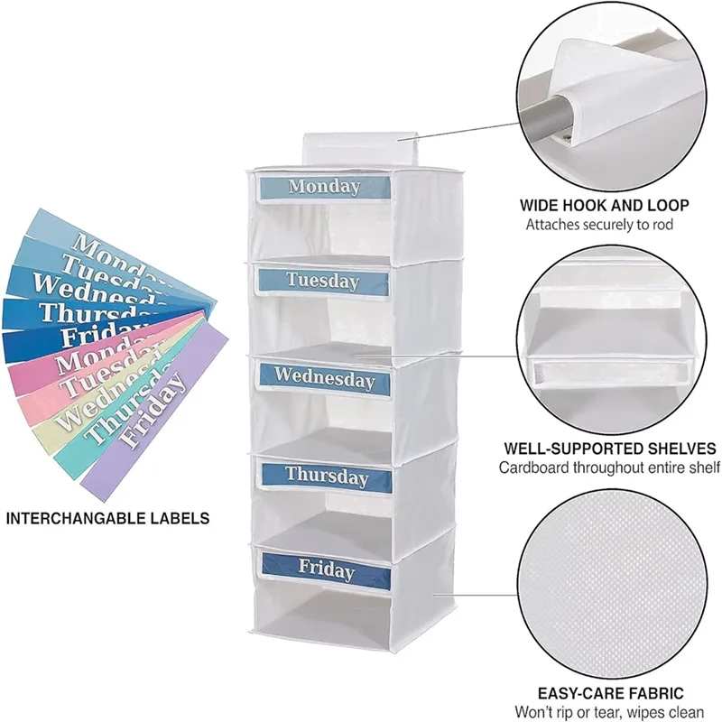 منظم خزانة AT43 مع 5 أرفف و5 جيوب جانبية منظم ملابس أسبوعي مع أرفف تخزين معلقة يومية #5