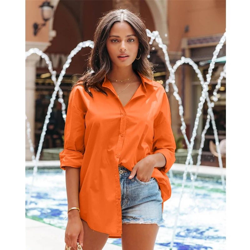 Nova camisa feminina de algodão solto casual manga longa blusa mulher escritório senhora topos botão moda camisas casuais streetwear senhoras