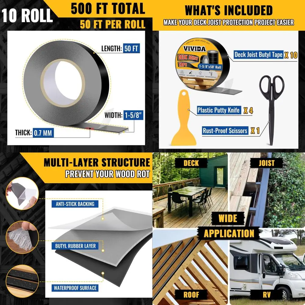 

1-5/8 x 50' Waterproof Butyl Tape for Deck Joists, Wood Beams & Roofs (10 Rolls)