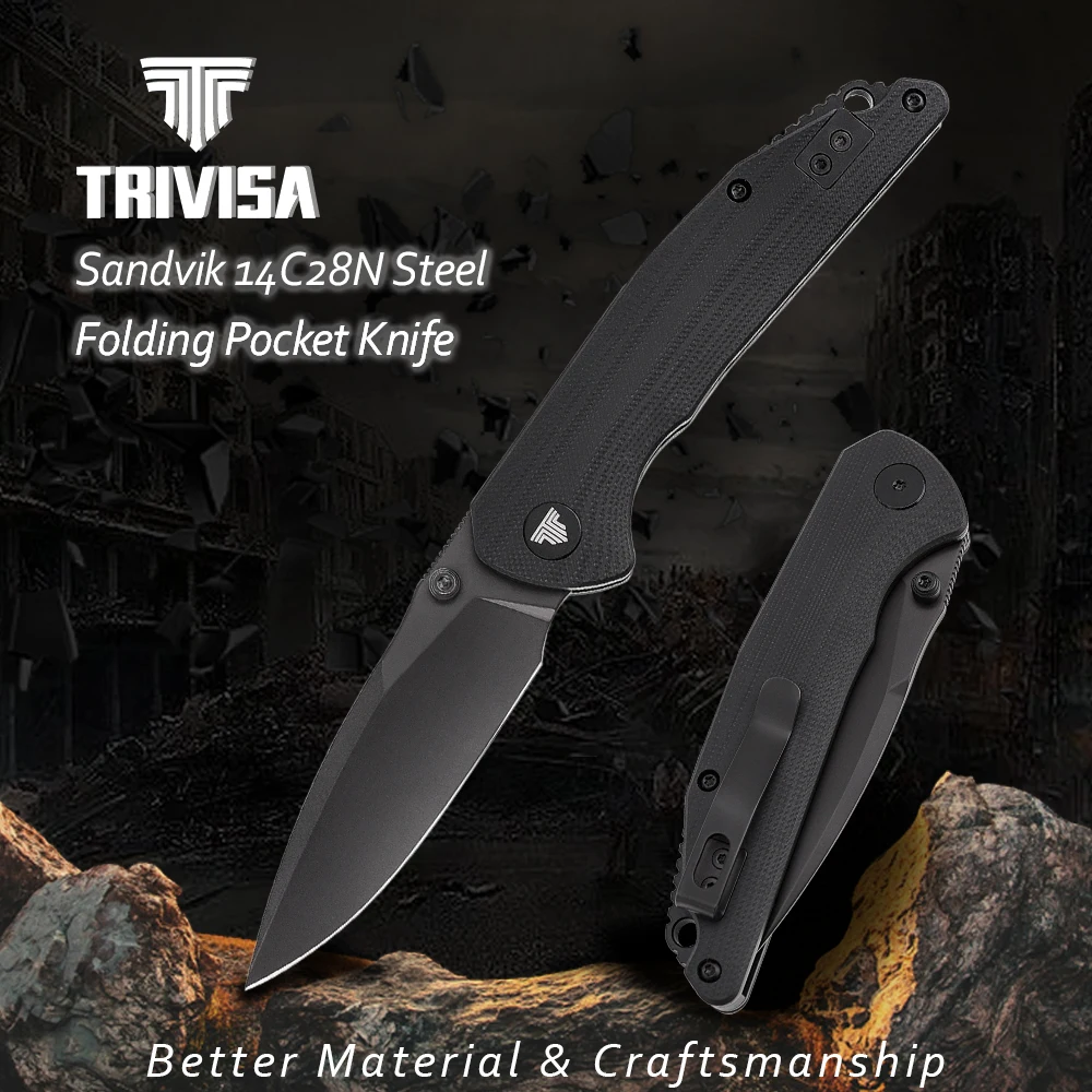 

TRIVISA G10 Knife，Folding EDC Knife for Men，Pocket Knife with Clip for 14C28N Steel PVD Blackwash Blade，Thumb Stud，Camping Tool