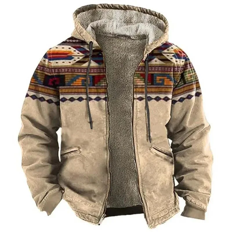 

Retro Print ZipUp Jacket Men's Cotton Jacket Wear Resistant Long Style Couple Outdoor Spring Season Middle Age Style