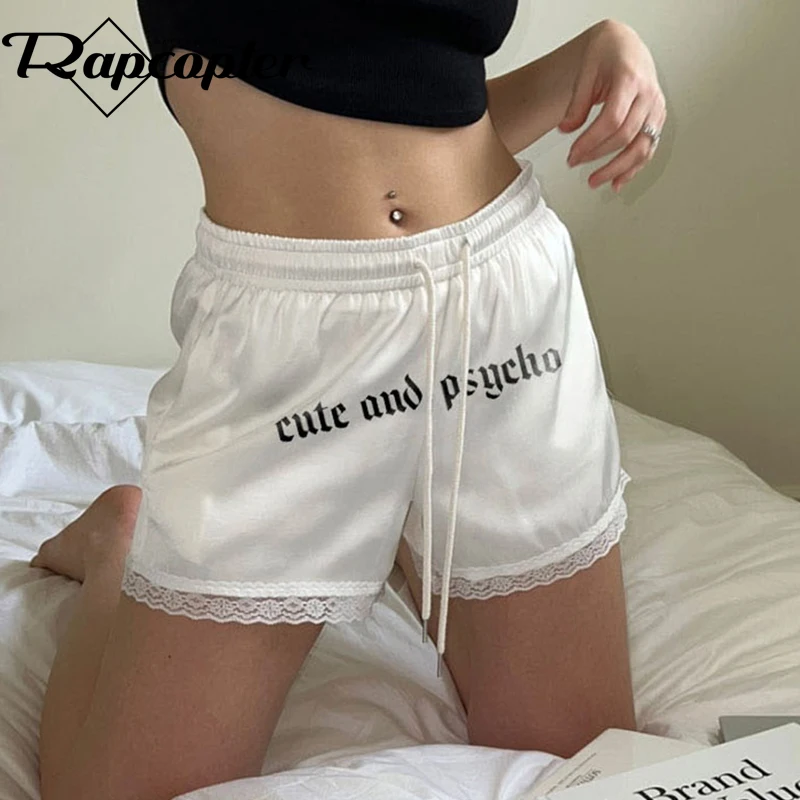 Rapcopter y2k Letter Lace Trim Shorts Elastic Waist Satin Vintage Grunge Pants Korean Streetwear Aesthetic Shorts Casual Chic