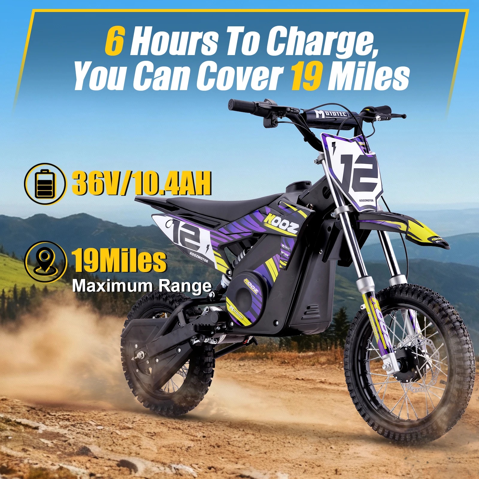 KOOZ HP112E Pro 36V 1000W Kids Electric Dirt Bike, Electric Motorcycle for Kids, UL2272 SGS Certified, 3 Speed Modes, Max 21MPH, 19 Miles Range, Dual Suspension Disc Brakes,16