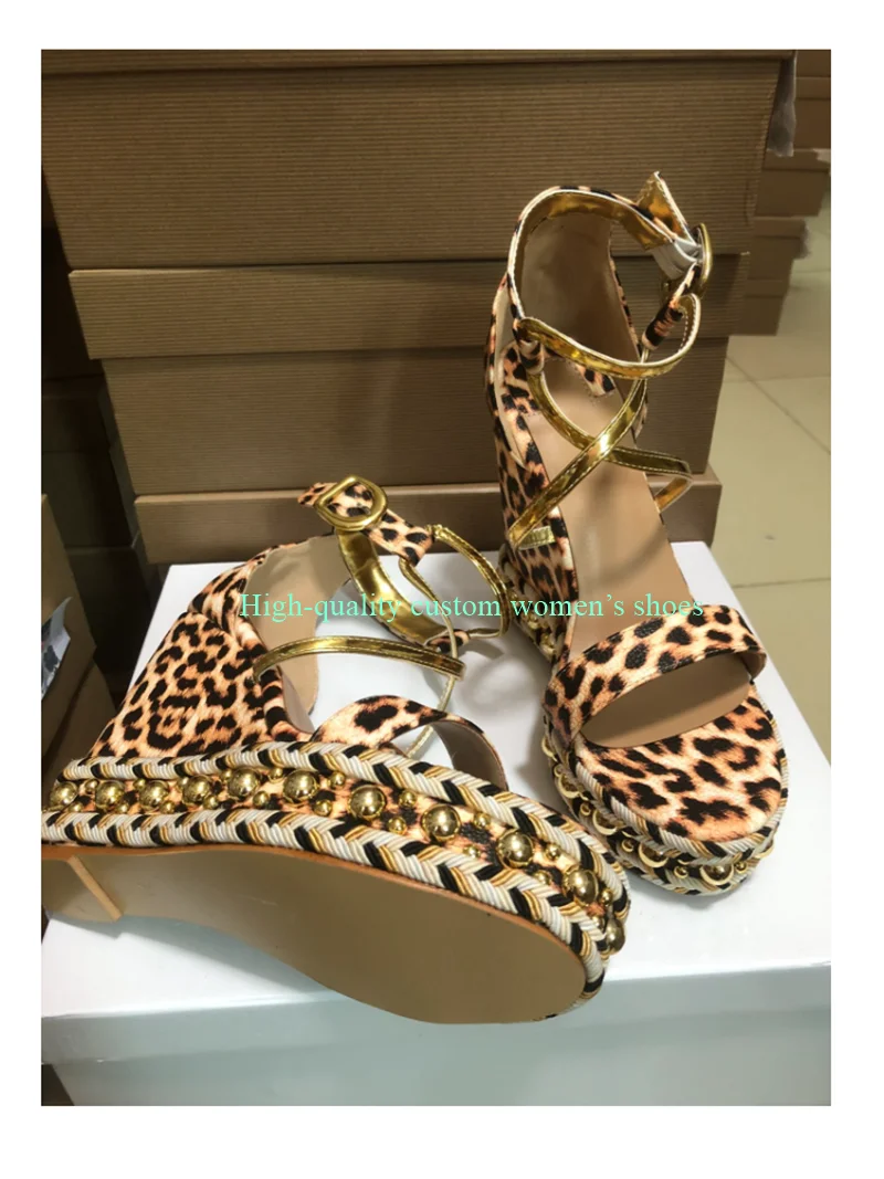 Round Head Toe Waterproof Platform Wedge Heels Leopard Print Sandals Metal Round Large And Small Rivets Decorative Luxury Heels