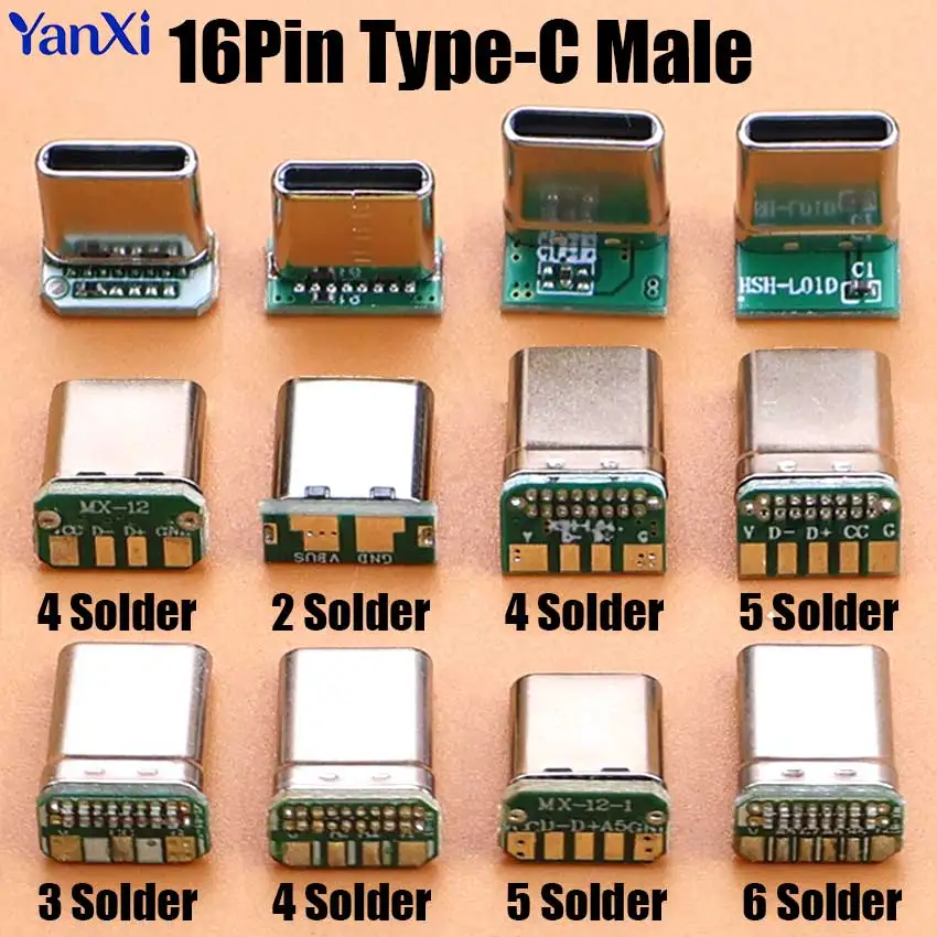 2pcs 16Pin USB 3.1 Type-C Male Plug Connector 2/3/4/5/6 Solder PCB Board USB-C Jack Adapter For DIY Charging Data Cable Repair