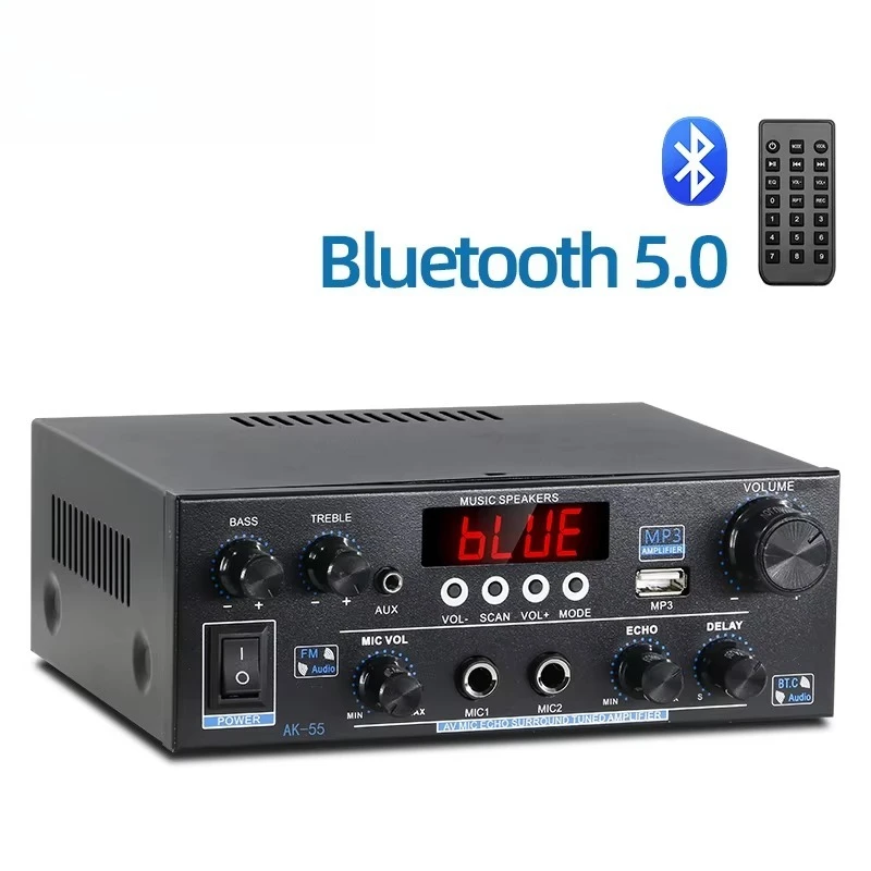 AK‑55 Bluetooth 5.0 HiFi Stereo Amplifier 2.0 Channel Digital Karaoke Audio Player Home Speaker Amp With Remote Control