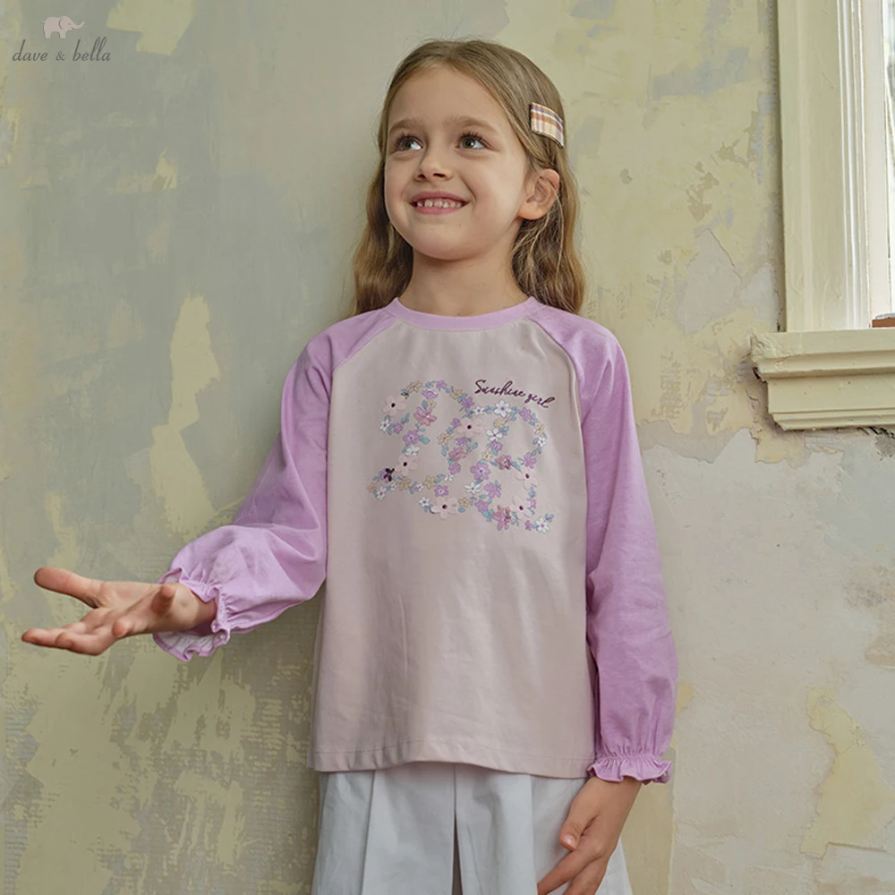 

Dave Bella Children Girl Long Sleeves T-shirt Spring Autumn Floral Print Top Cute Children Cotton Bottom Shirt DK1250285
