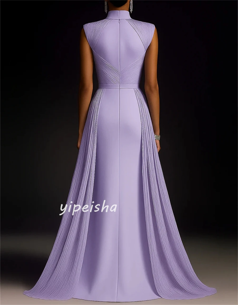 カスタマイズされたエレガントでシンプルなジャージー素材のプリーツ入りストレートハイカラーロングドレス、オーダーメイドの特別な日のドレス、サイズ展開あり、クラシック