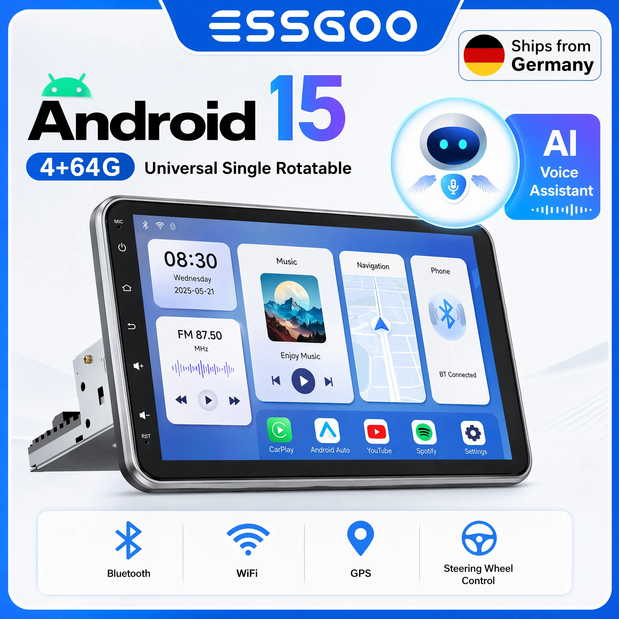 Android 15 10.1 Inch Universal Single Rotatable Car Radio Auto