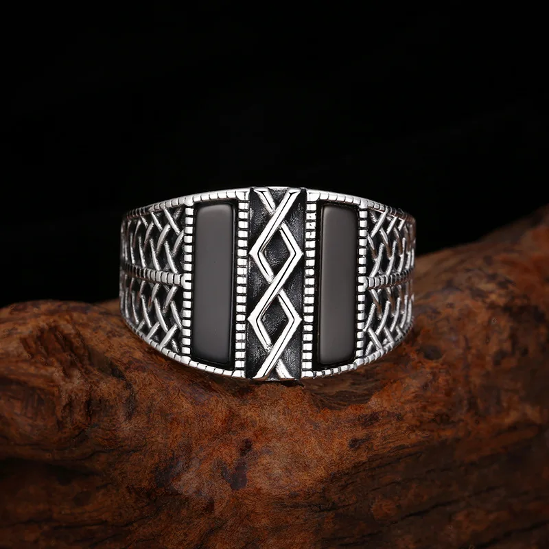 S925 Sterling Silver Black Agate Adjustable Ring Punk Style Hip Hop Weave Pattern Old Process Free Size Fine Jewelry FYRNG089