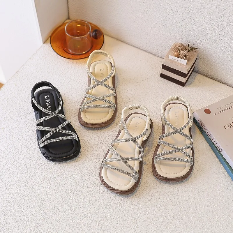 Chic Girls Rhinestone Sandals Summer Cross Strap Kids Causal Shoes Slip-on School Beach Children Fashion Flat Sandals Non-slip
