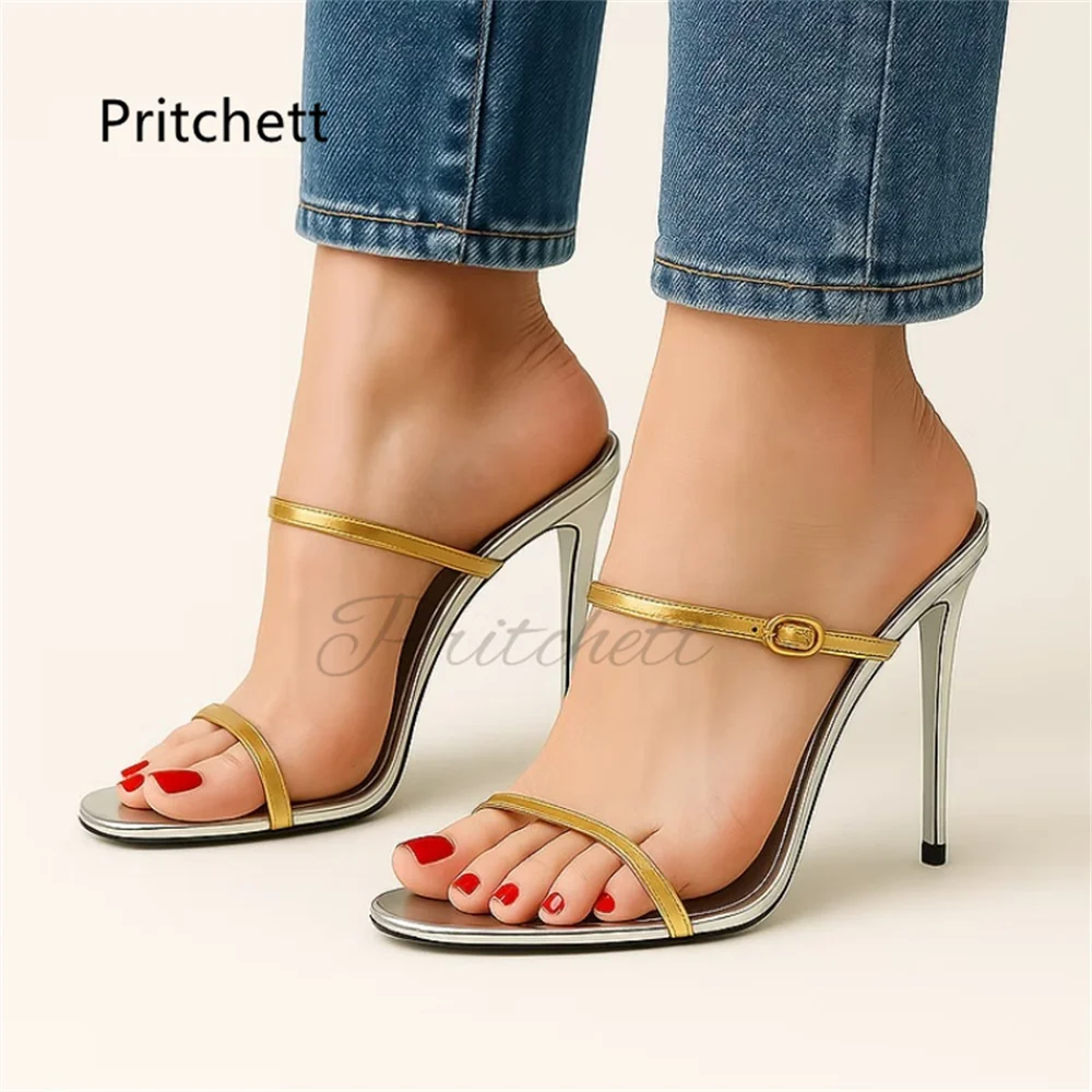

Gold Silver Heels Women's Slippers Open Toe Slip-On Stilettos Summer Modern Slippers Concise Elegant Party Outside Shoes