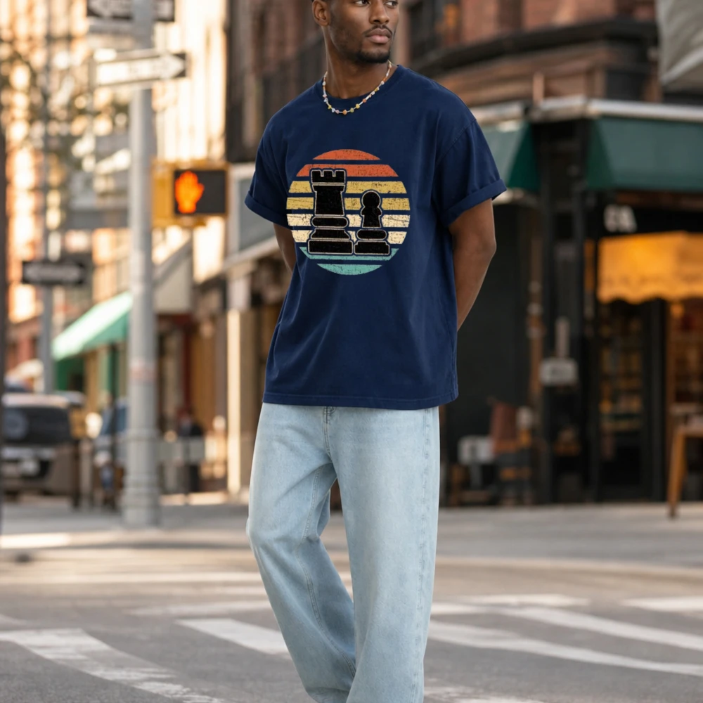 Vintage Retro Sunset Rook Pawn Chess Piece Print T-Shirt Men Cotton Round Neck Casual Streetwear Tee Chess Hobby Daily Clothes