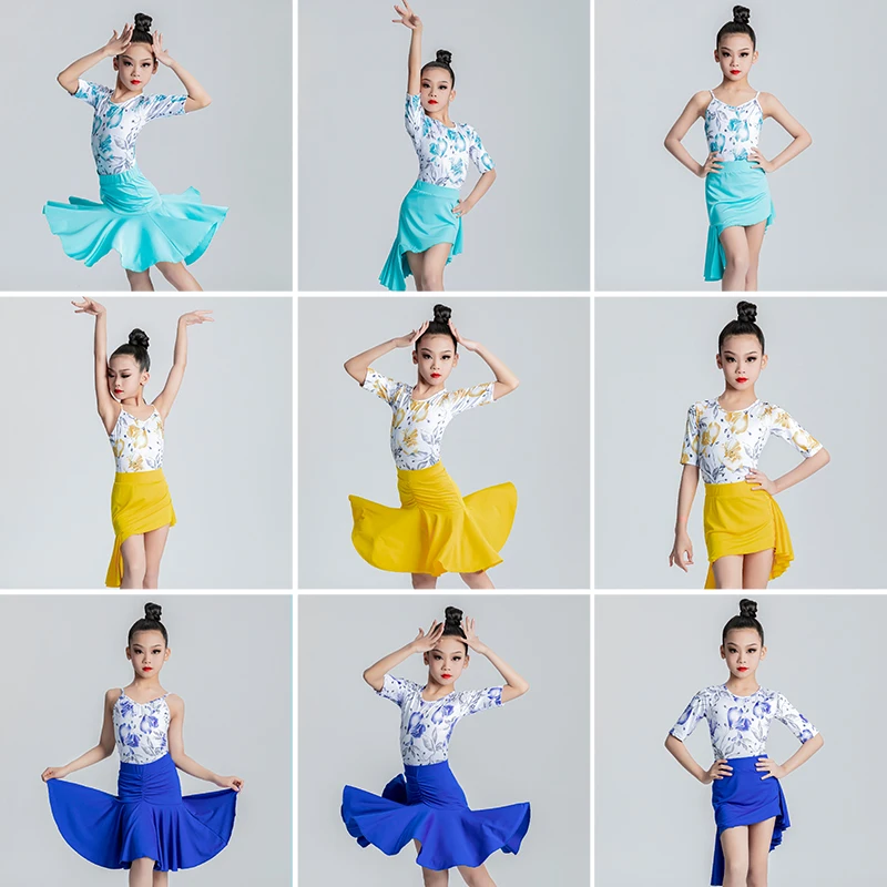 Girl Latin Dance Dress for Girls Practice Dancing Latin Skirt Ballroom Performance Clothes Children 1 Piece Latin Skirt and Top