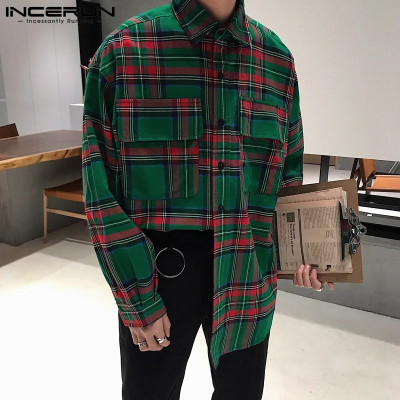 INCERUN Tops 2025 Korean Style Fashion Men Plaid Contrast Color Splicing Shirts Casual Streetwear Male Long Sleeved Blouse S-5XL