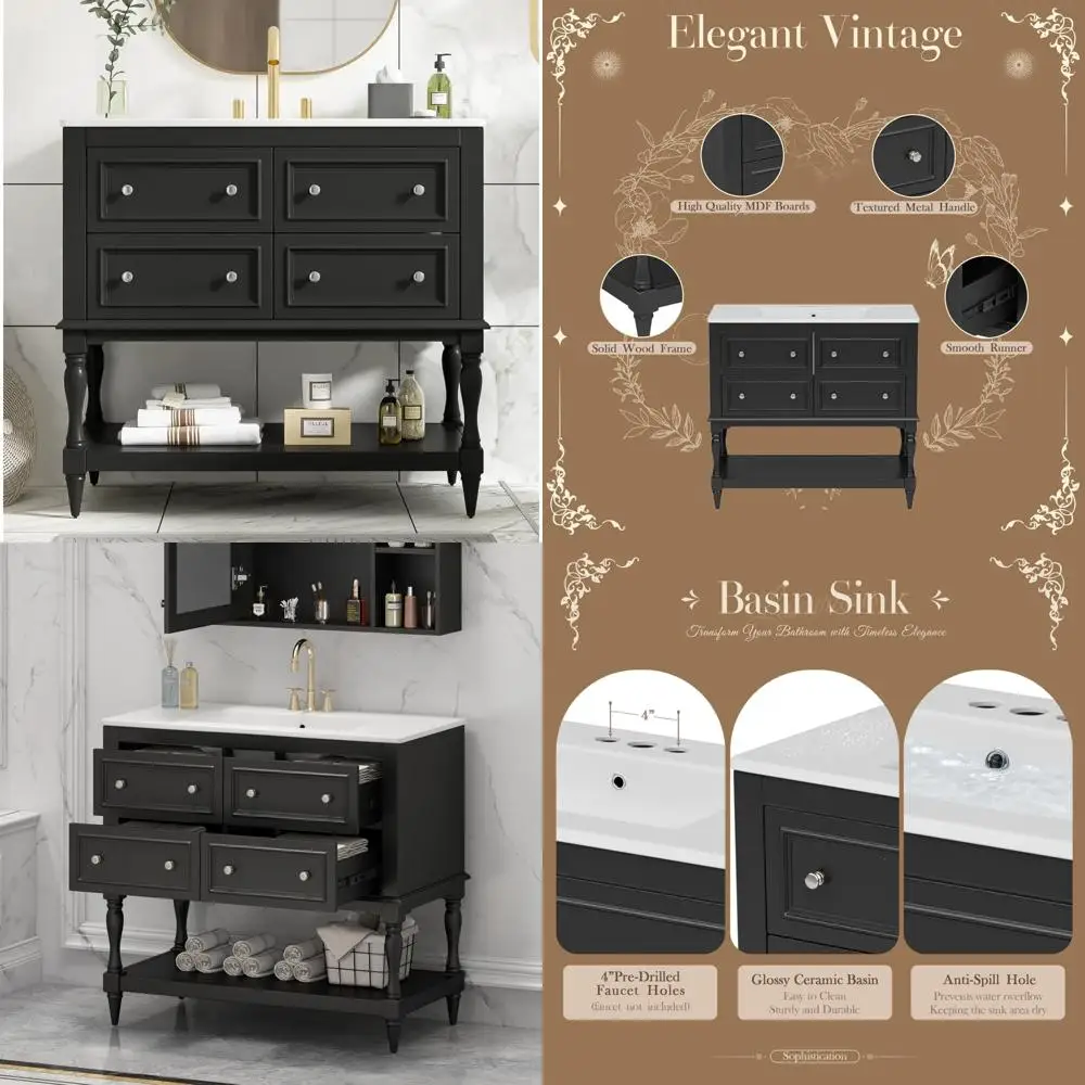 

single sink 36" freestanding vanity cabinet with 4 drawers and open shelf, solid wood frame bathroom storage