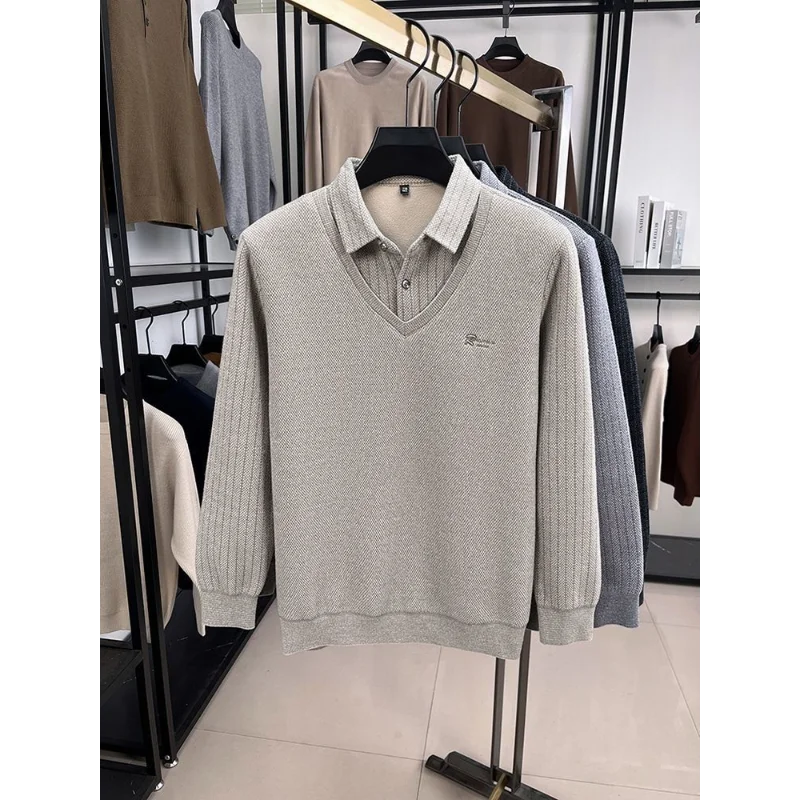 

One-piece Velvet Thickened Fake Two-piece Sweater for Men with Lapel Warm and Casual Imitation Mink Velvet