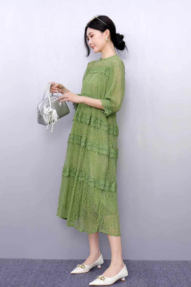 2025 ربيع وصيف جديد أنيق تفريغ الدانتيل فساتين طويلة فضفاضة النساء موضة فستان قصير الأكمام السيدات بالجملة J944