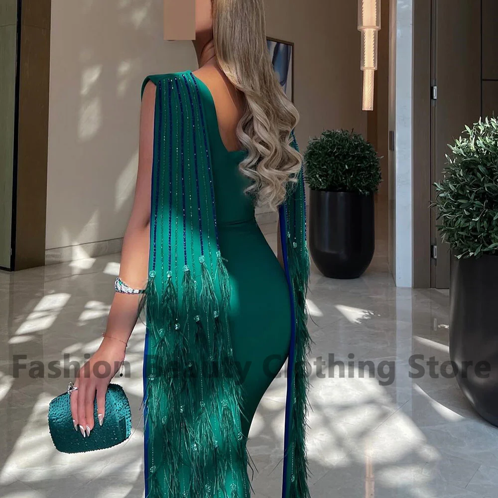 Mermaid Partyes Dress Beaded Feather High Split Dubai Vestidos De Gala Ankle-Length Women's Sexy Jersey Vestidos Para Mujer Gala