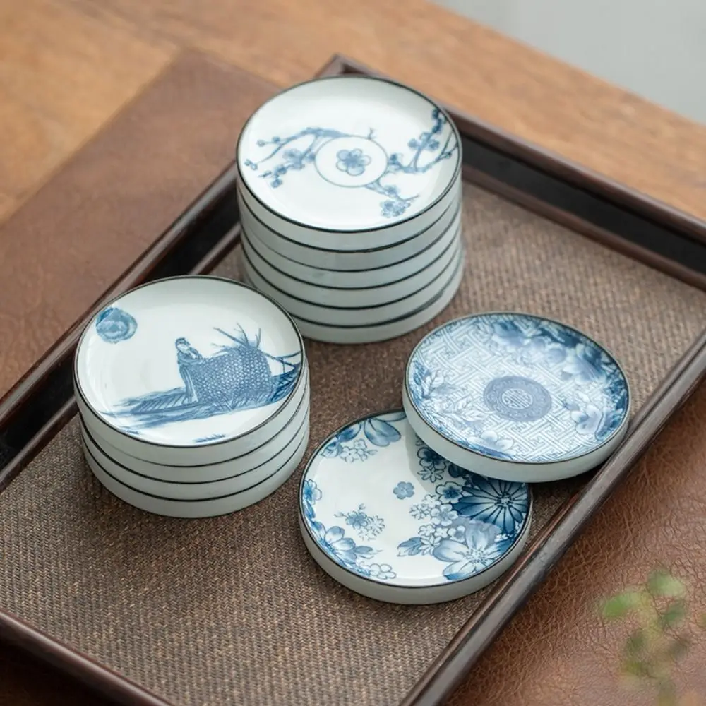 2pcs Portable Ceramic Blue and White Porcelain Chinese Style Vintage Tea Cup Mat Round Durable Snack Plates Party Dinnerware Kit