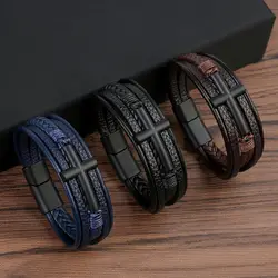 Black Cross Decorative Punk Magnetic Buckle Charm Bracelet For Men Multilayer Braided High Quality Leather Bracelet Jewelry Gift
