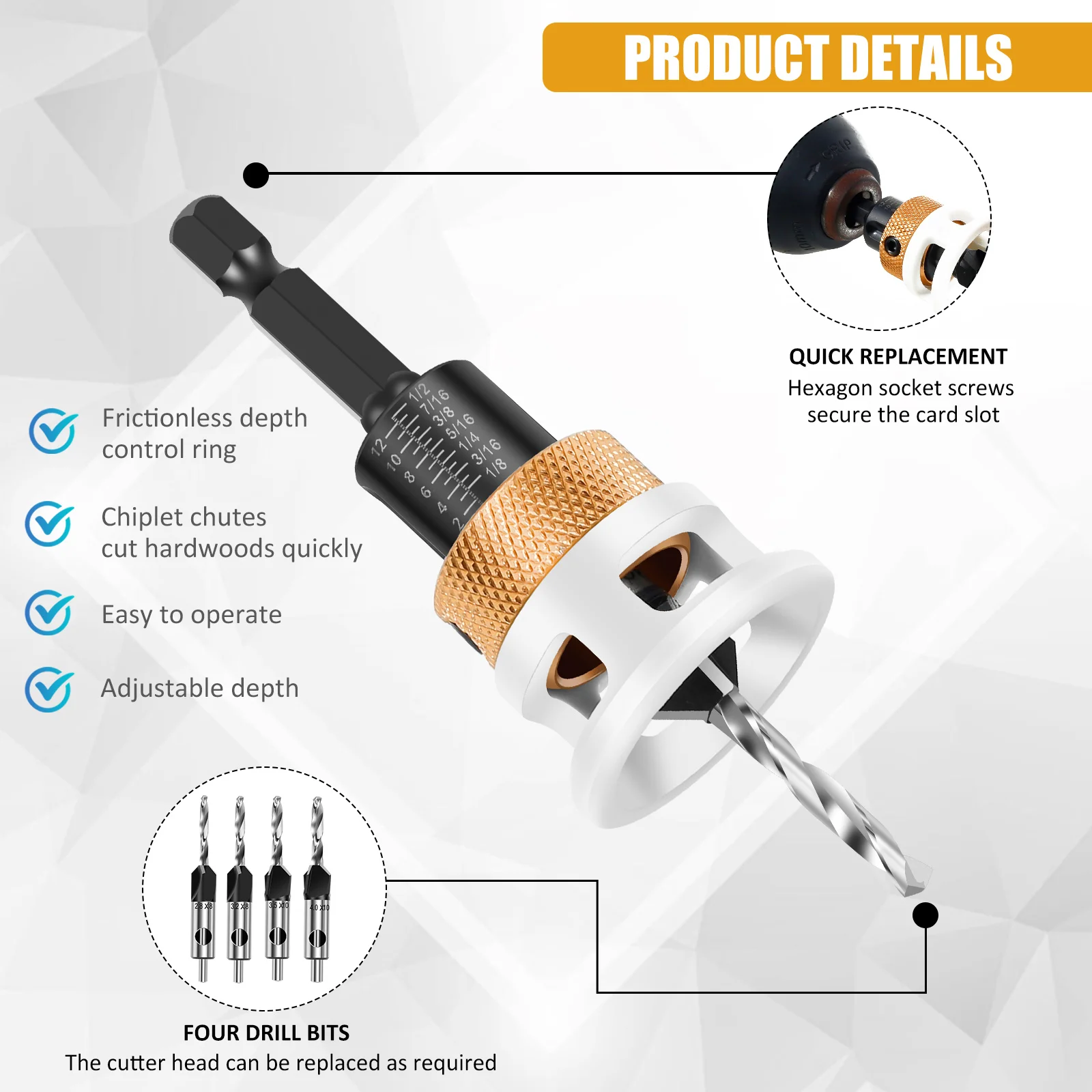 Brocas avellanadoras con tope de profundidad ajustable, broca enrutadora con orificio de apertura para carpintería, tablero de fibra de madera contrachapada