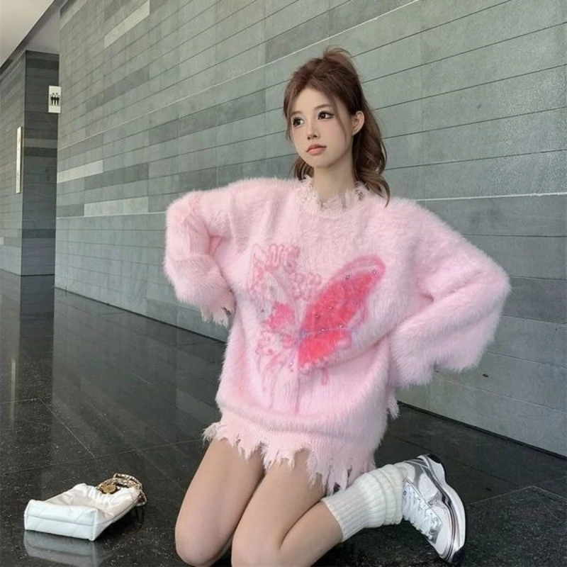 

Женский вязаный свитер с круглым вырезом и стразами, Sueters в японском стиле De Mujer, повседневные женские пуловеры, корейский модный джемпер