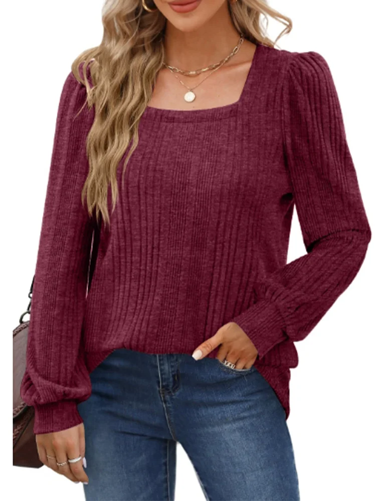 

Solid Color Square Collar Lantern Long Sleeved Fashionable Casual Women's T-shirt Daily Elegant Commuting Style Autumn Top