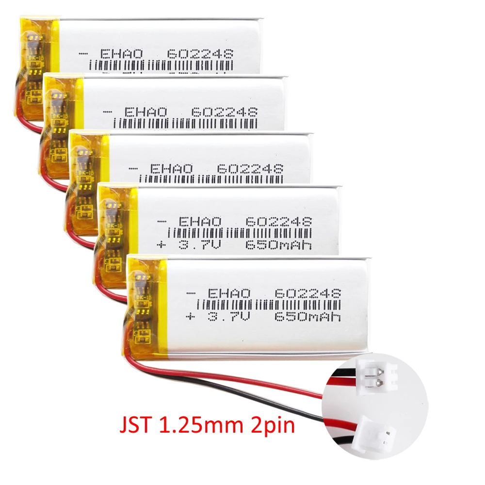 5 pcs 3.7V 650mAh Lipo Polymer Lithium Rechargeable Battery  + JST 1.25mm 2pin Plug 602248 For MP3 GPS Recorder Headset Camera