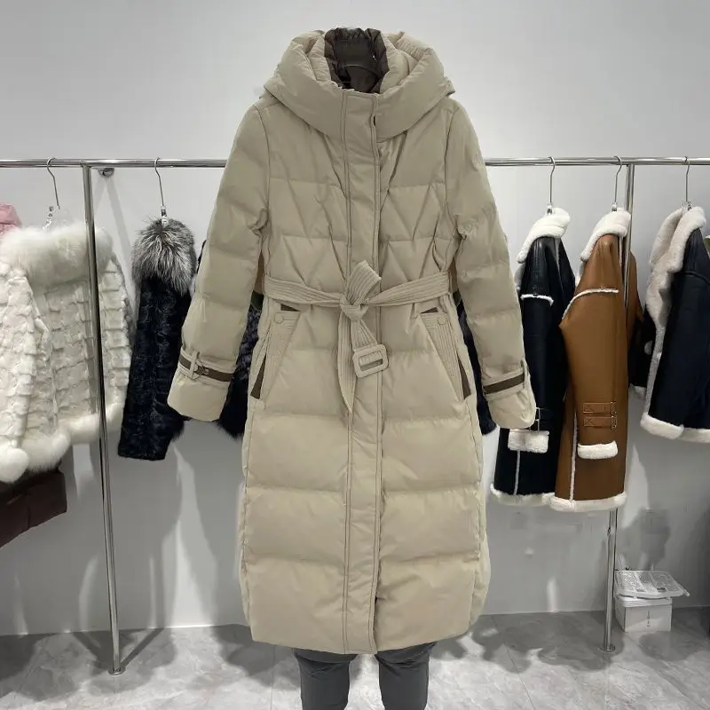 Winter New Fashion European Down Coat Women Mid Length Windproof Hooded Standing Neck Thickened Warm Casual White Duck Down Coat