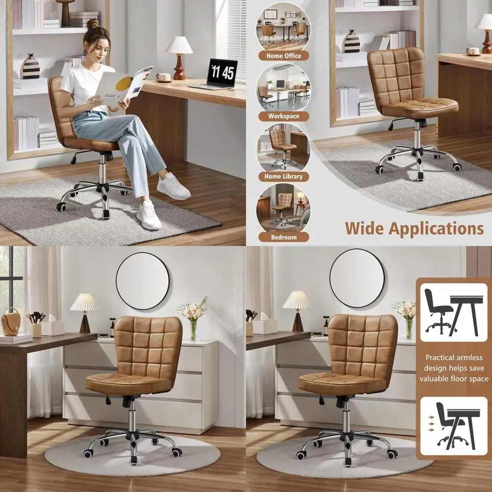 

Modern Tufted Faux Leather Desk Chair with Adjustable Height and Wheels for Home/Office, Retro Brown