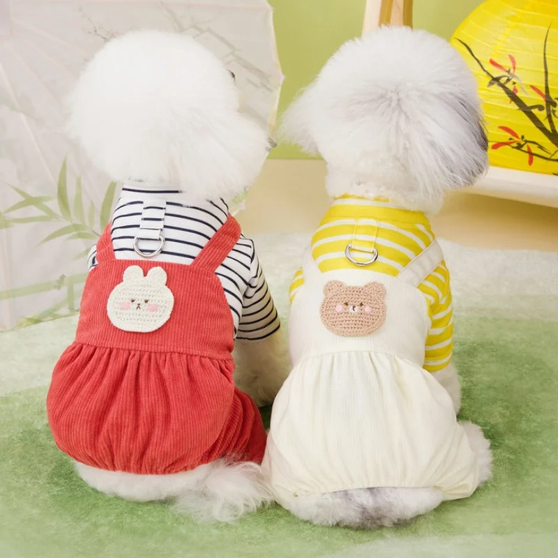 Cute Warm Pet Dog Clothes Fashion Striped Dog Jumpsuit Casual Pet Puppy Rompers Bear Print Cat Overalls Pet Four-Legged Clothes