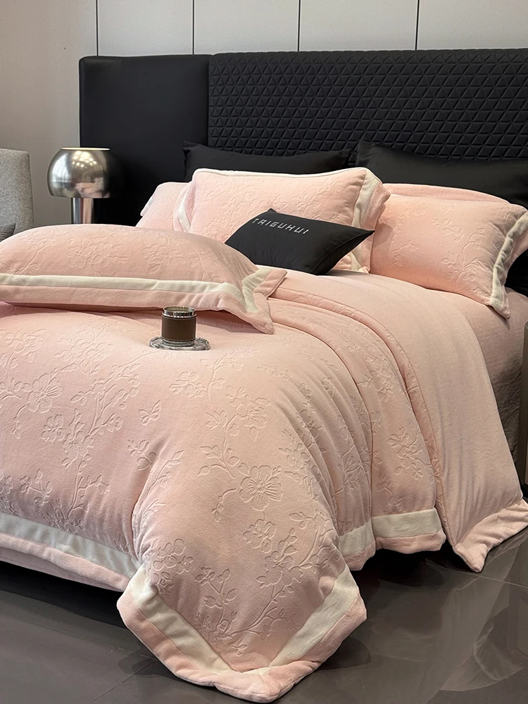Winter Thickened Milk Velvet Four-Piece Set Simple  Color Double Match Wide  Duvet Cover Bed Sheet Warm Bedding
