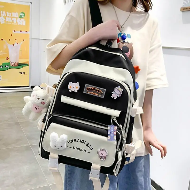 Kit de mochila escolar Kawaii con oso colgante, juego de mochila escolar de lona Oxford, 5 uds.