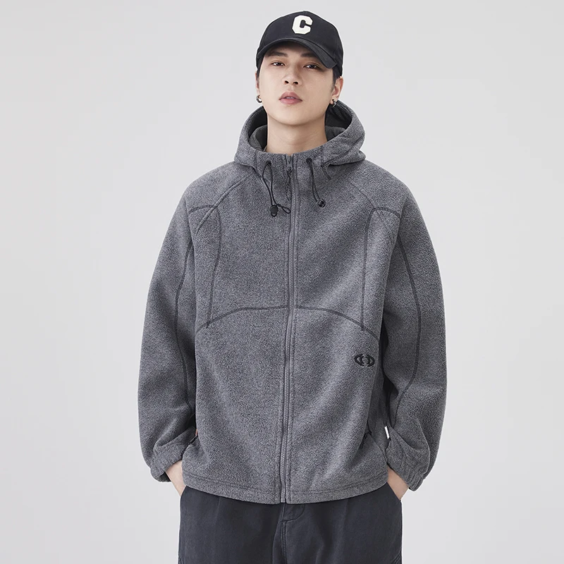 

Autumn Winter Embroidery Fleece Coat Men Outdoor Fashion Loose Casual Techwear Thicken Hooded Jacket Man Coat Outerwear