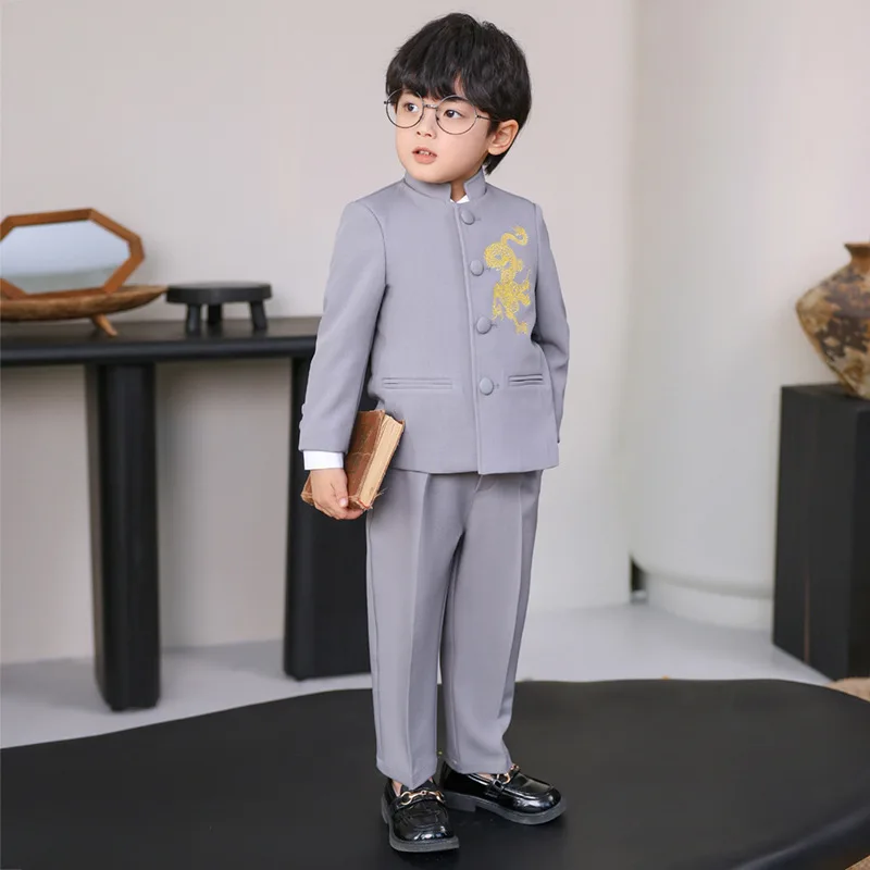 Suit for Boys Dragon Embroidery Design Kids School Choral Recitation Performance Costume Grey Elegant Toddler Birthday Blazer