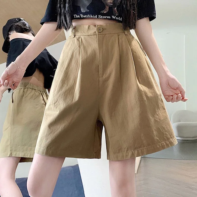 2025 sommer Frauen Casual Täglichen Khaki Kurze Hosen Weibliche Hohe Taille Cargo-Shorts Mädchen Retro Baggy Breite Bein Hosen
