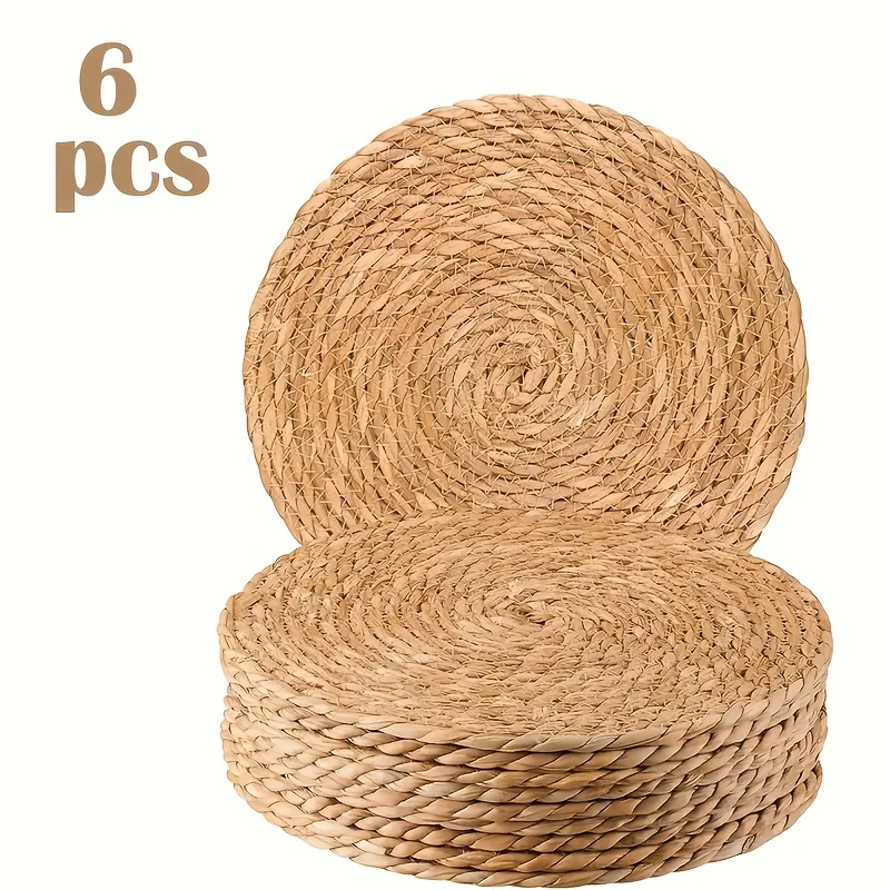 6pcs Natural Rattan Table Mats- Heat-Resistant Non-Slip Round Placemats, 11.8inch  Bohemian Style Rattan Heat-Resistant Bowl