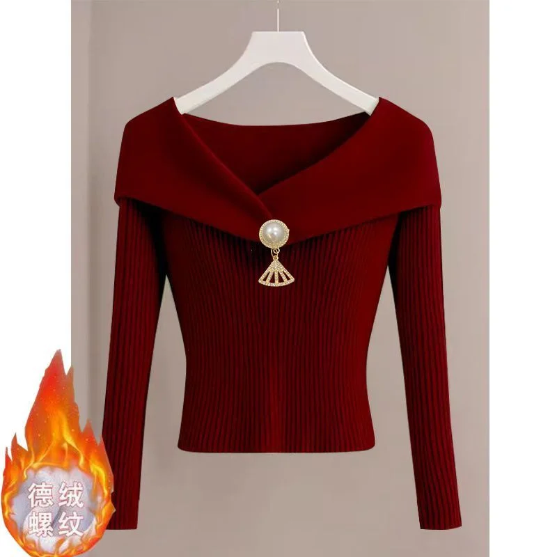 2024 New Lapel Sweater Autumn And Winter Luxury High Temperament Waist Bottoming Knitted Fashion Long-Sleeved Ladies Top